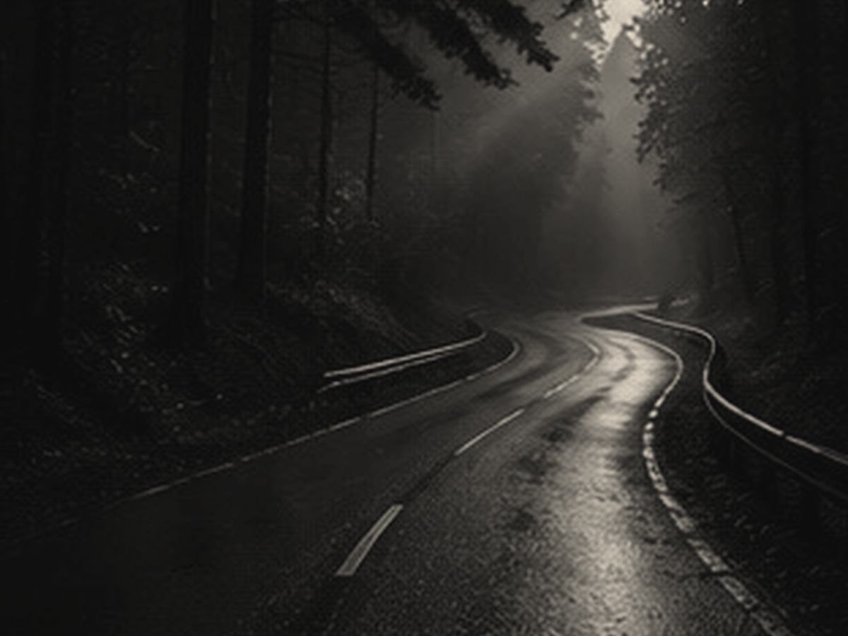 Dunkle, stimmungsvolle Straße im Wald als fotografisches Motiv.